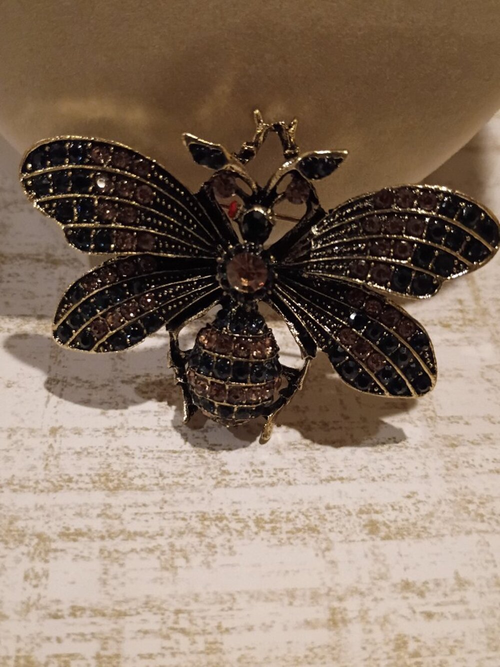Bee Brooch Black & Amber Crystals Rhinestones